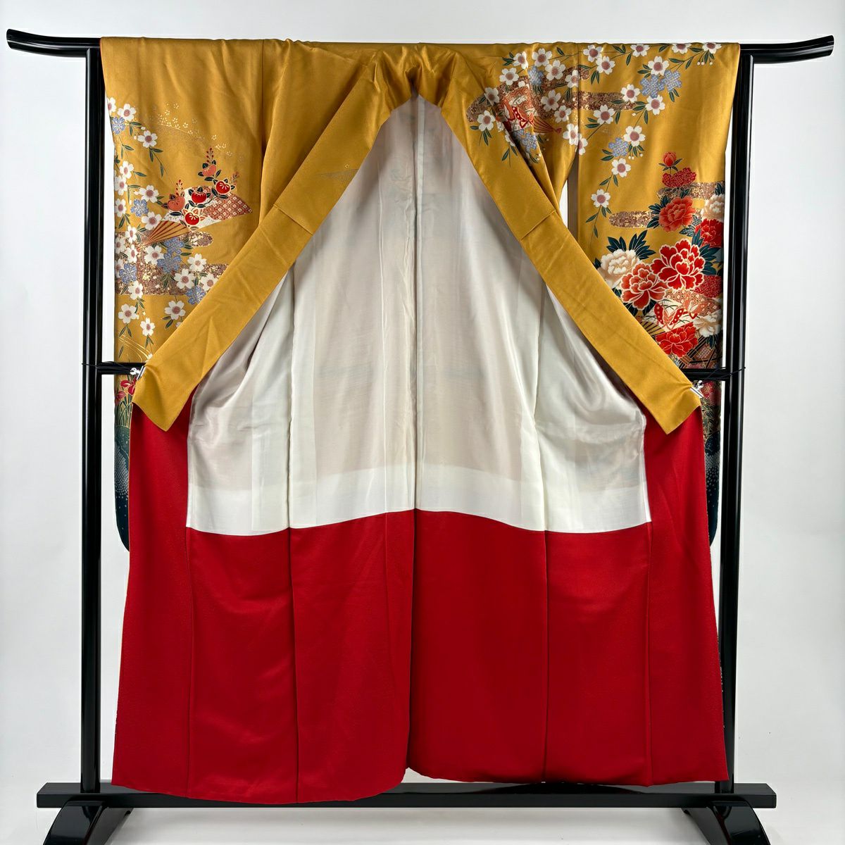 振袖禮服 身長158cm 袖長63cm S 雙層 牡丹 櫻花 金銀彩 染分 山吹 純蠶絲 名品級