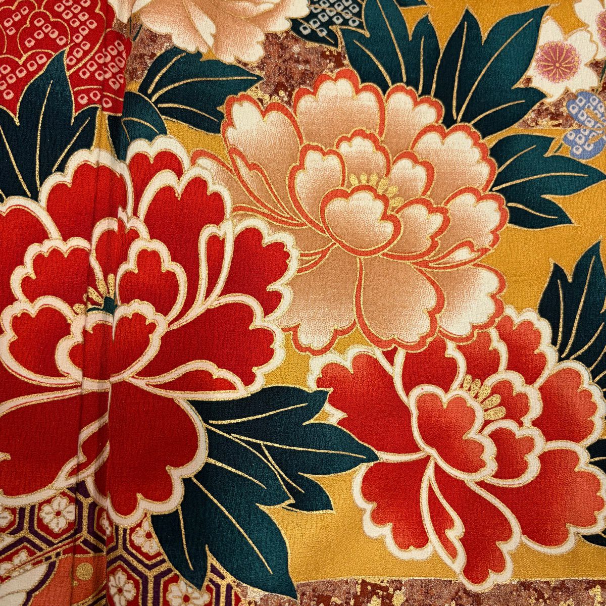 振袖禮服 身長158cm 袖長63cm S 雙層 牡丹 櫻花 金銀彩 染分 山吹 純蠶絲 名品級