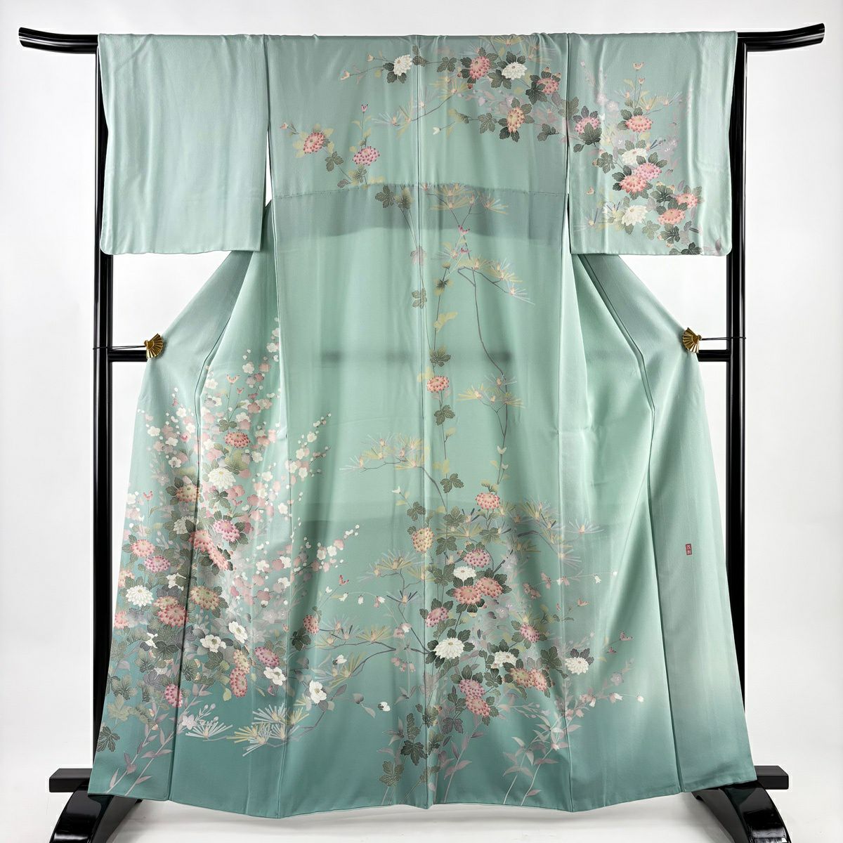 訪問服 身長161.5cm 袖長66cm M 雙層 落款あり 菊花 枝梅花 漸層 薄綠 純蠶絲 名品級 一つ紋