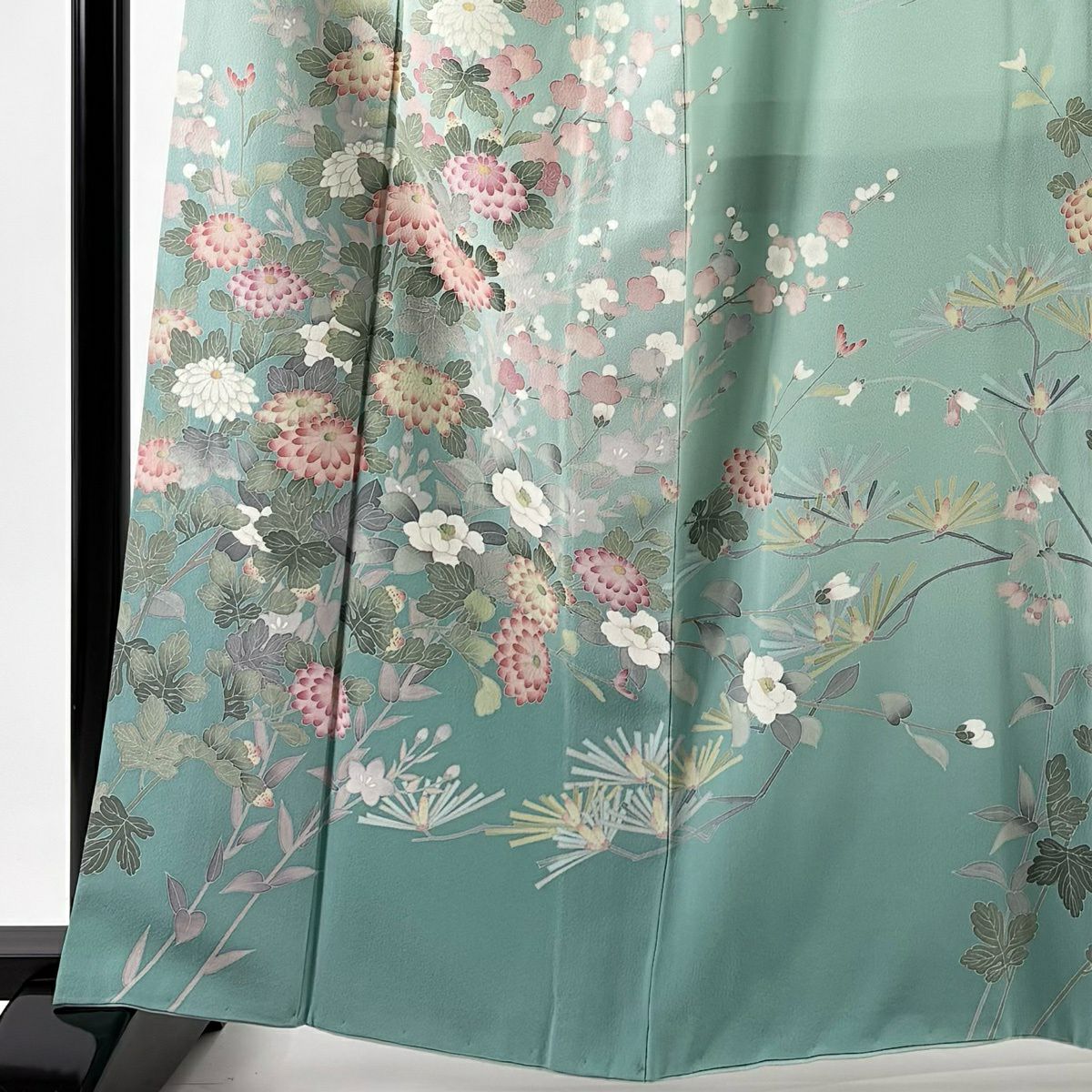 訪問服 身長161.5cm 袖長66cm M 雙層 落款あり 菊花 枝梅花 漸層 薄綠 純蠶絲 名品級 一つ紋