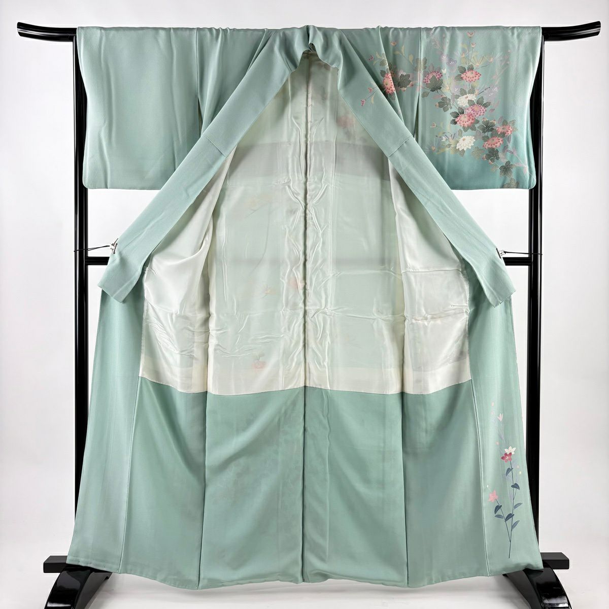 訪問服 身長161.5cm 袖長66cm M 雙層 落款あり 菊花 枝梅花 漸層 薄綠 純蠶絲 名品級 一つ紋