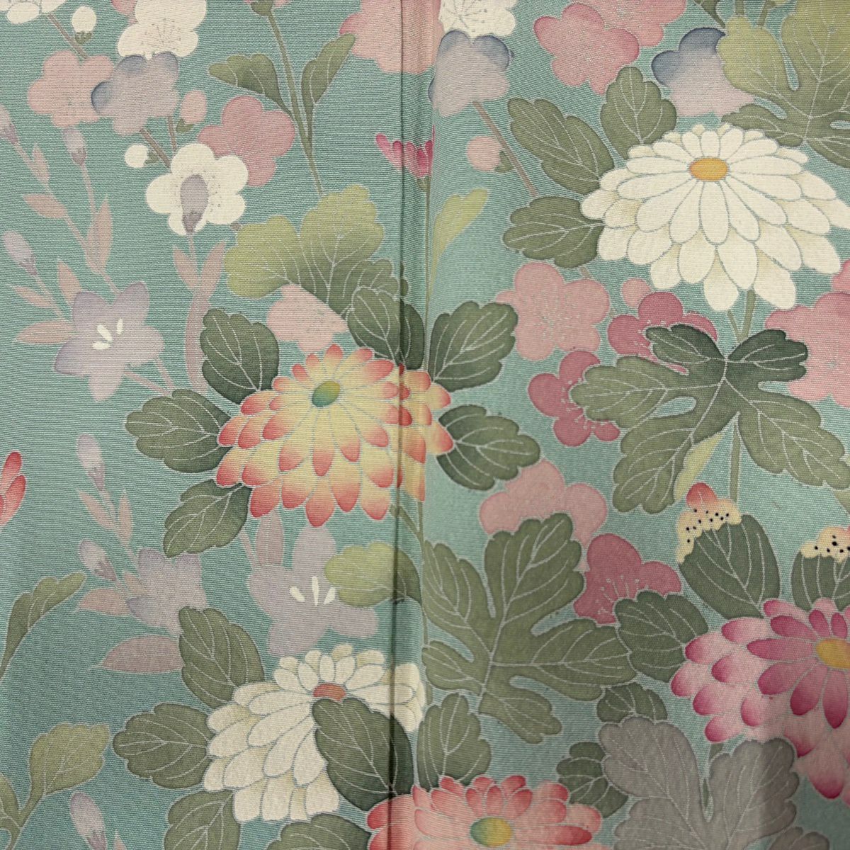 訪問服 身長161.5cm 袖長66cm M 雙層 落款あり 菊花 枝梅花 漸層 薄綠 純蠶絲 名品級 一つ紋