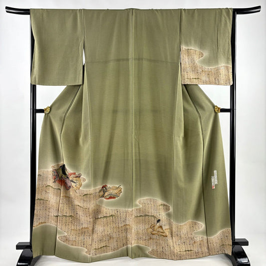 付下 身長165.5cm 袖長65.5cm M 雙層 樽本伊勢蔵 有落款 姫 文字文 金銀彩 漸層 鶯色 純蠶絲 名品級