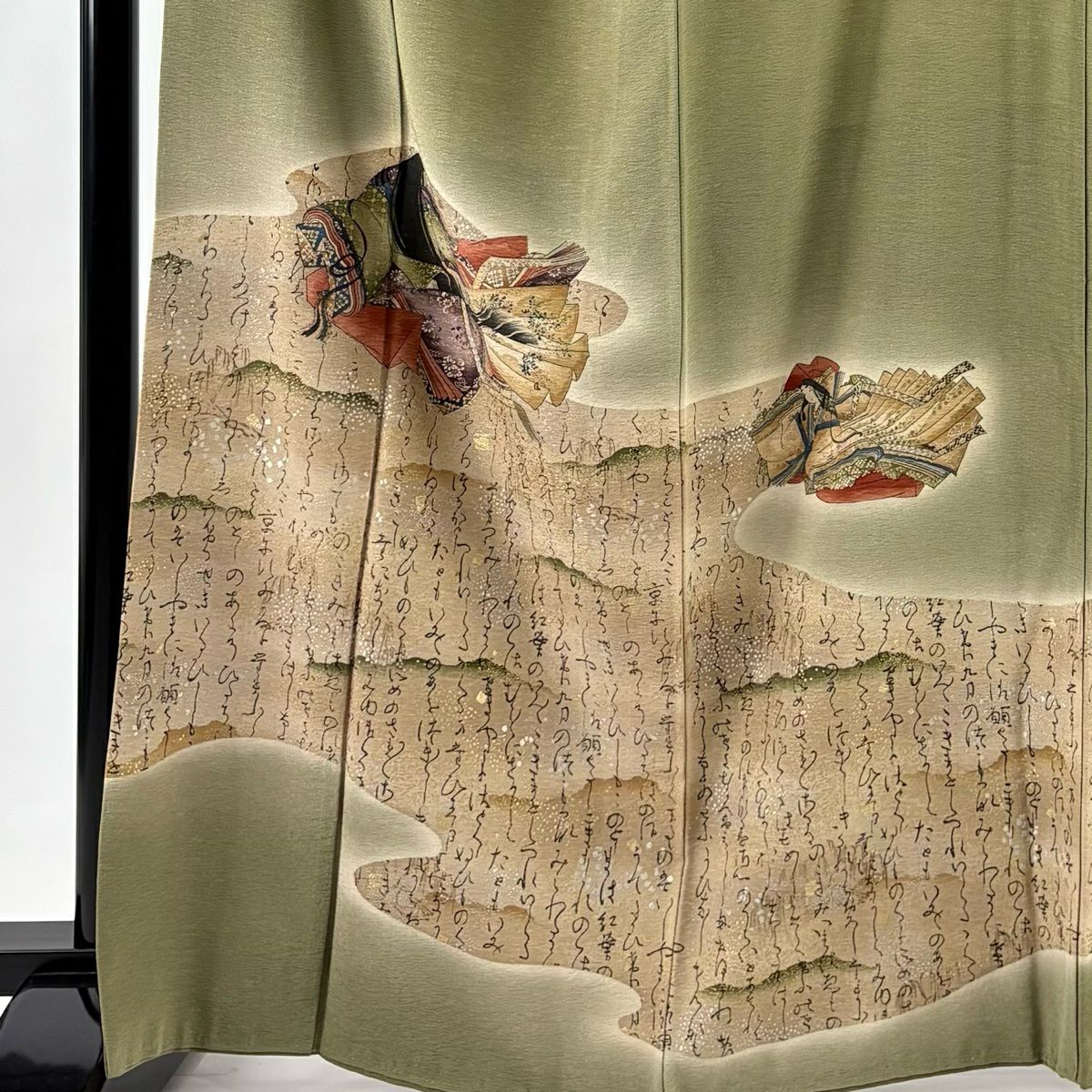 付下 身長165.5cm 袖長65.5cm M 雙層 樽本伊勢蔵 有落款 姫 文字文 金銀彩 漸層 鶯色 純蠶絲 名品級