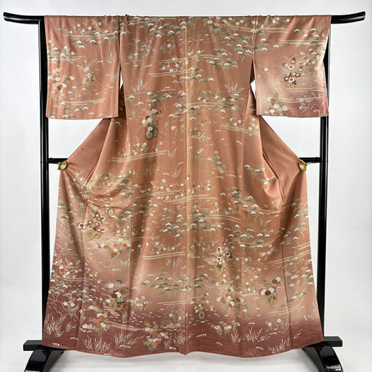 訪問服 身長160.5cm 袖長67cm M 雙層 花車 松樹竹子梅花 金銀彩 金絲 薄小豆 純蠶絲 名品級