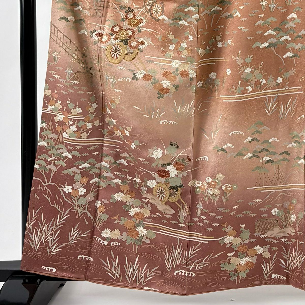 訪問服 身長160.5cm 袖長67cm M 雙層 花車 松樹竹子梅花 金銀彩 金絲 薄小豆 純蠶絲 名品級