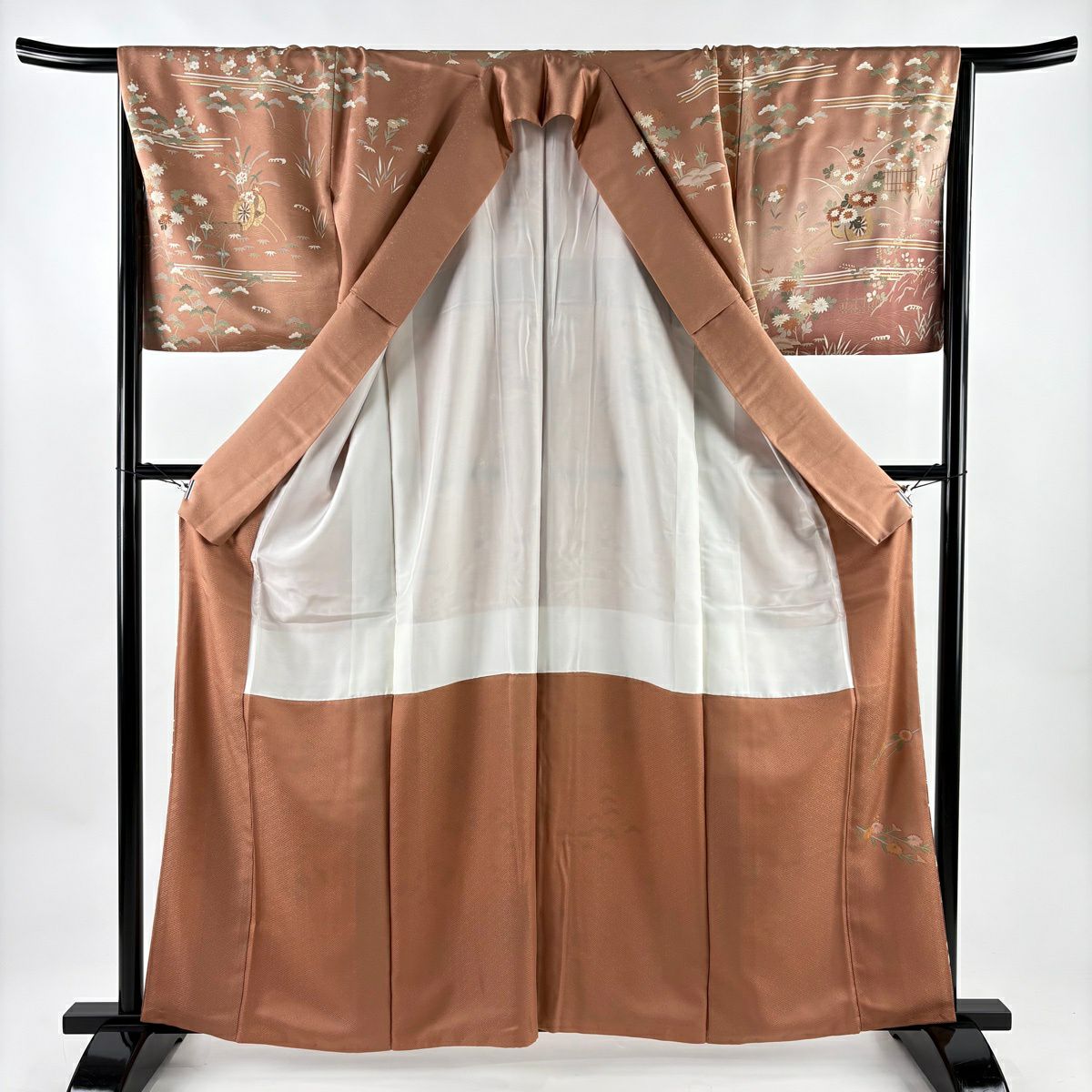 訪問服 身長160.5cm 袖長67cm M 雙層 花車 松樹竹子梅花 金銀彩 金絲 薄小豆 純蠶絲 名品級