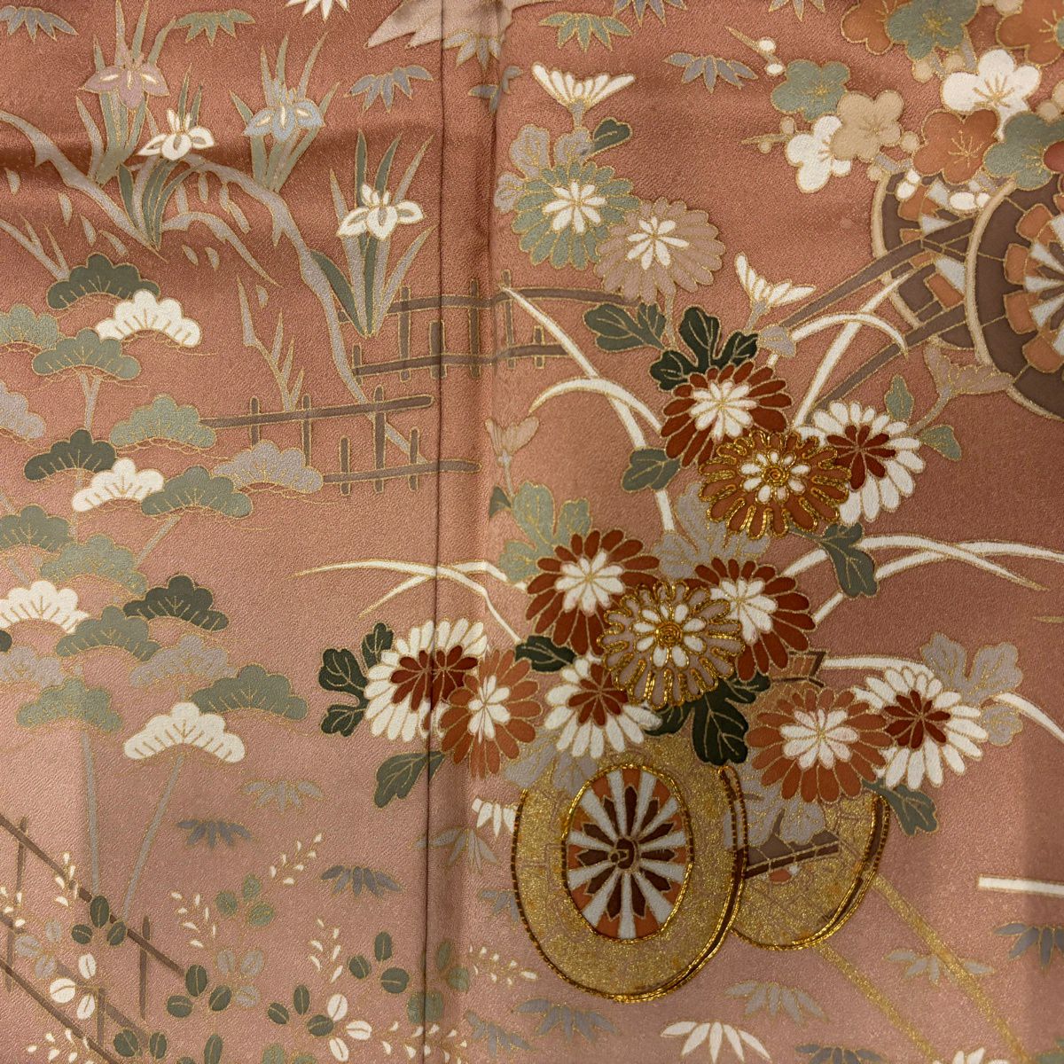 訪問服 身長160.5cm 袖長67cm M 雙層 花車 松樹竹子梅花 金銀彩 金絲 薄小豆 純蠶絲 名品級