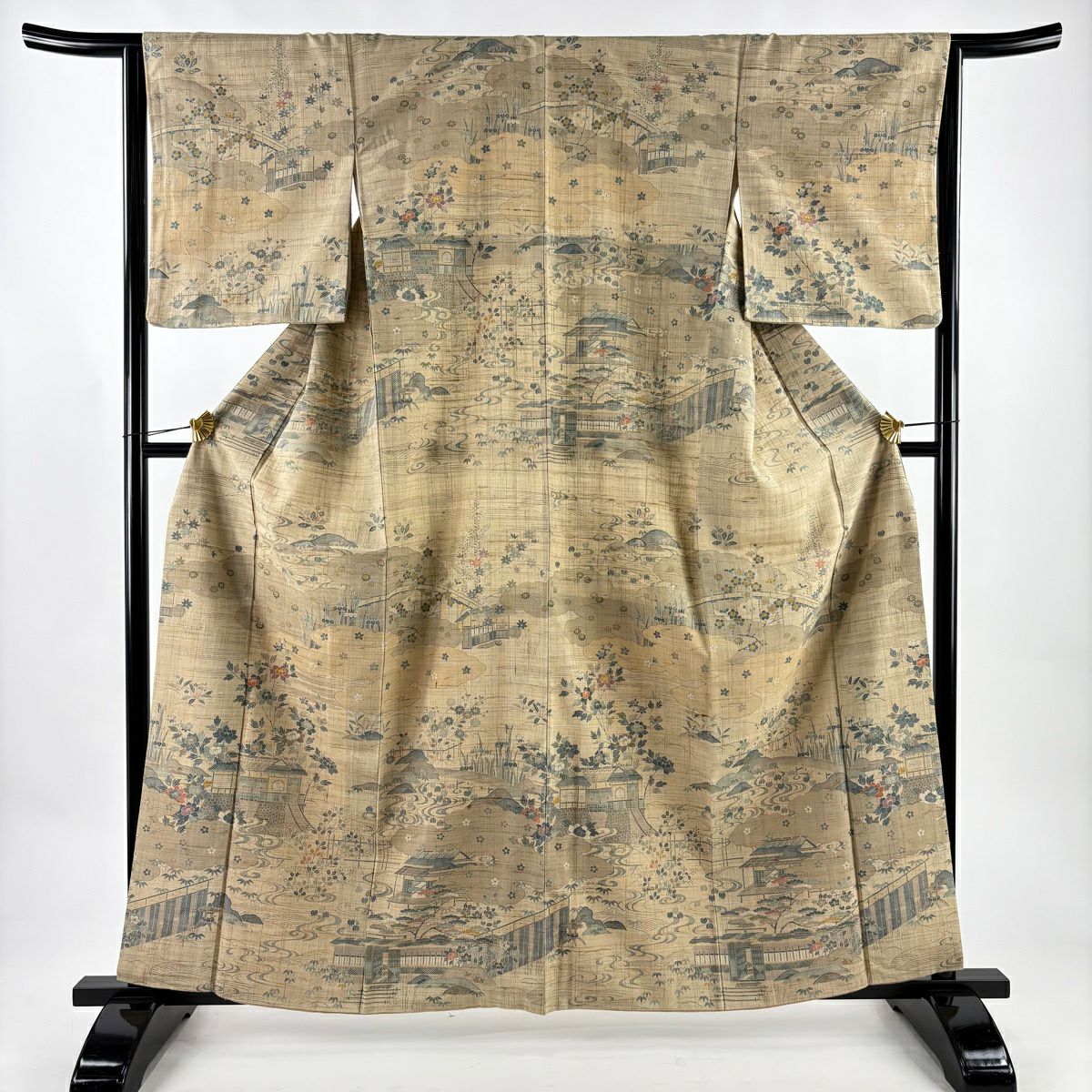 訪問服 身長161.5cm 袖長64cm M 雙層 紬織織 建物 草花紋紋 米色 純蠶絲 名品級