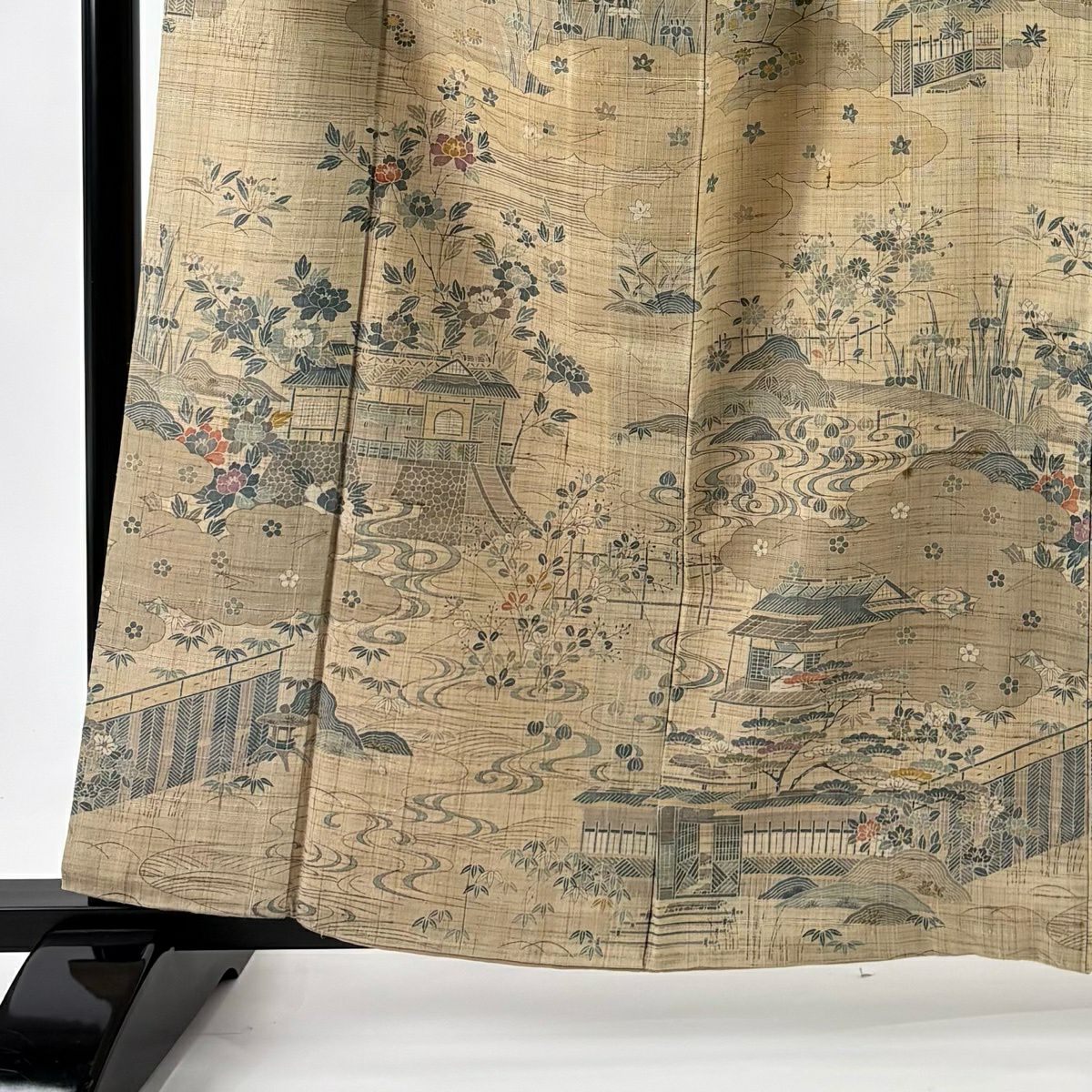 訪問服 身長161.5cm 袖長64cm M 雙層 紬織織 建物 草花紋紋 米色 純蠶絲 名品級