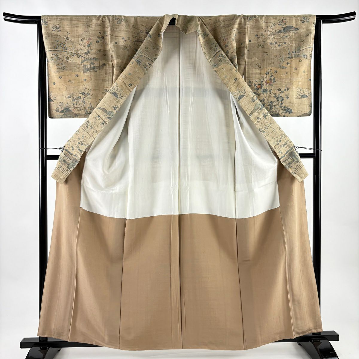 訪問服 身長161.5cm 袖長64cm M 雙層 紬織織 建物 草花紋紋 米色 純蠶絲 名品級