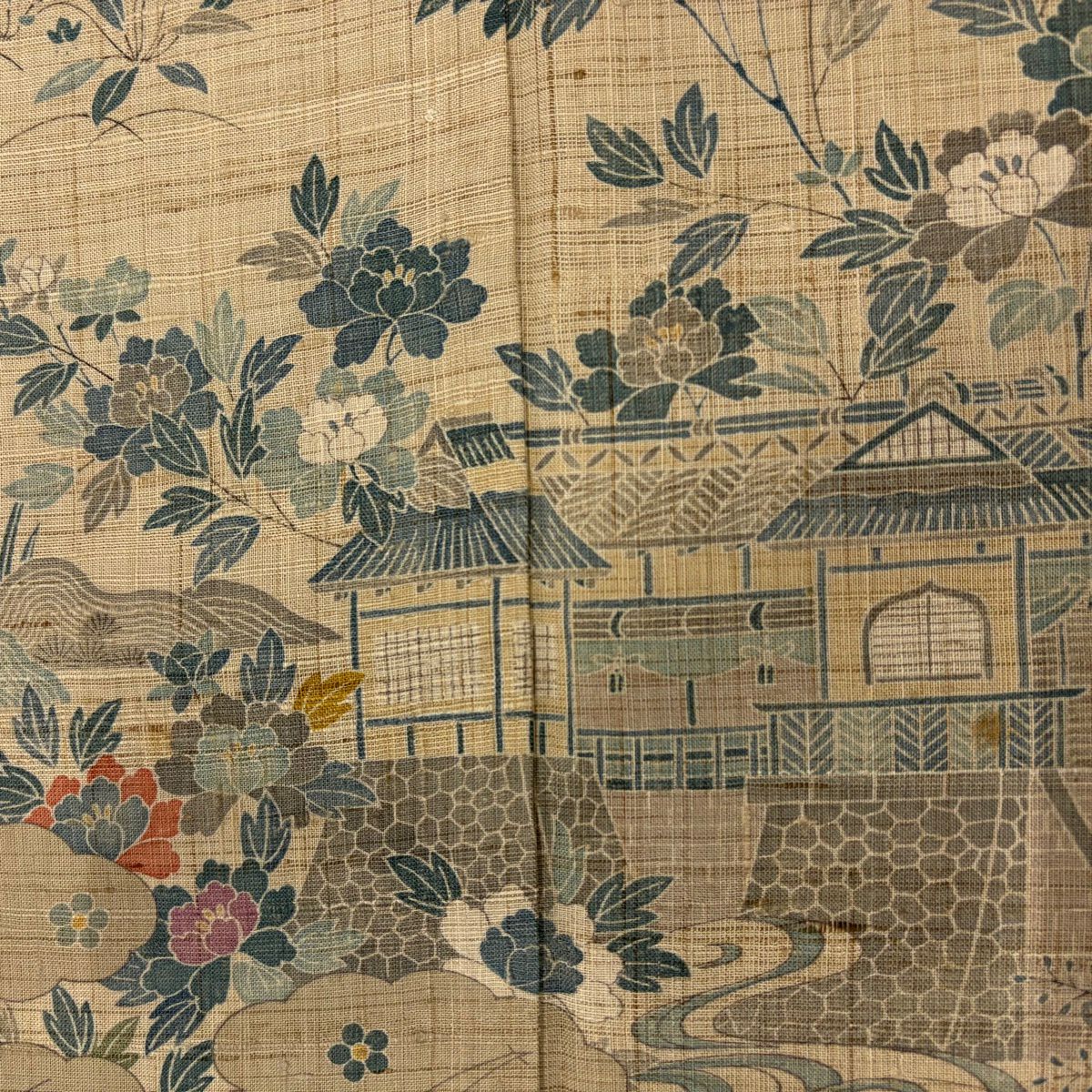 訪問服 身長161.5cm 袖長64cm M 雙層 紬織織 建物 草花紋紋 米色 純蠶絲 名品級