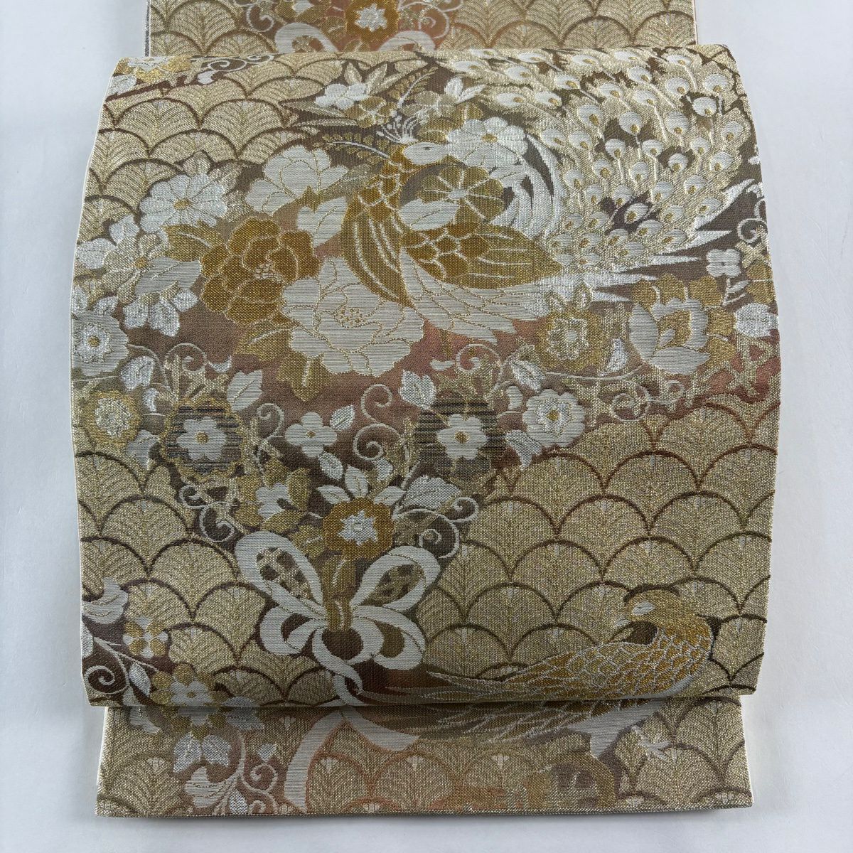 【美品】 袋帶 秀品級 孔雀 若松樹 金絲 金金箔 金色 六通 純蠶絲