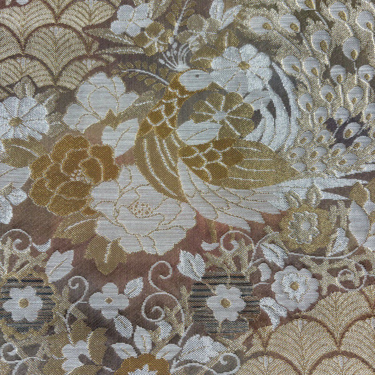 【美品】 袋帶 秀品級 孔雀 若松樹 金絲 金金箔 金色 六通 純蠶絲