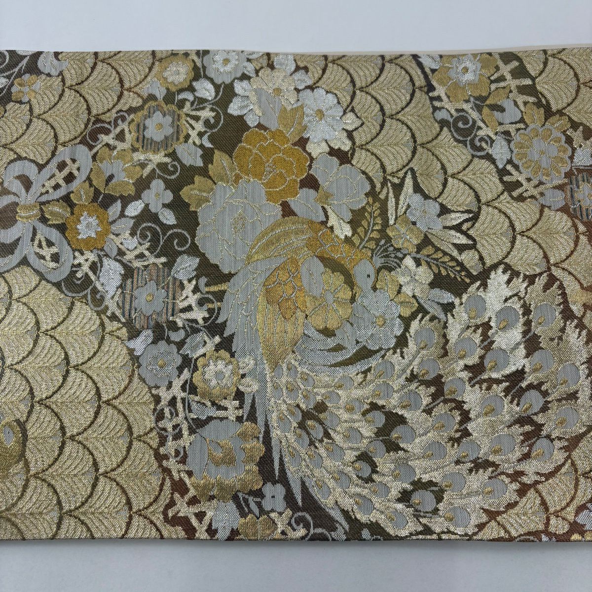 【美品】 袋帶 秀品級 孔雀 若松樹 金絲 金金箔 金色 六通 純蠶絲