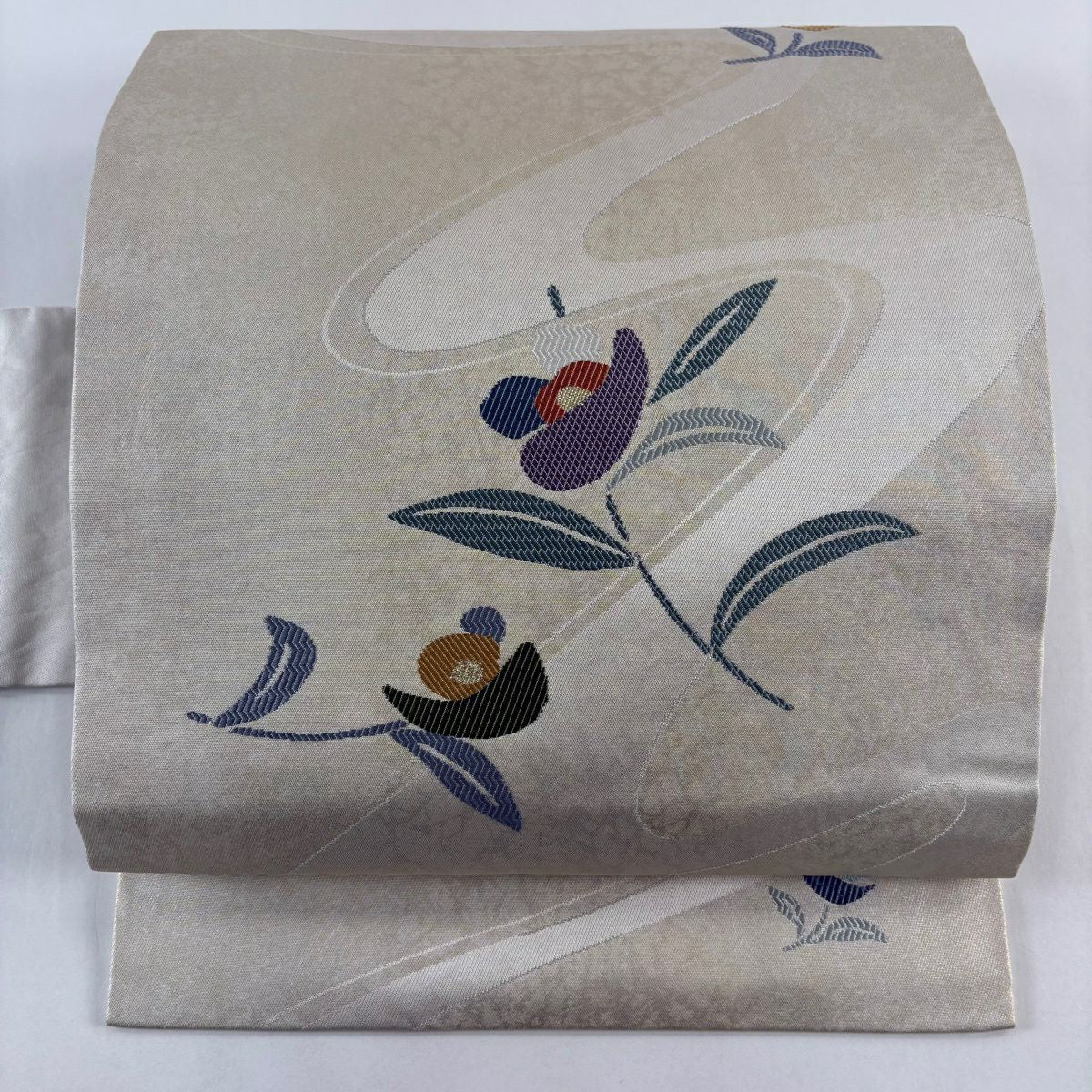 【美品】名古屋帶 秀品級 草花紋紋 流水 金糸 金金箔 灰茶 純蠶絲