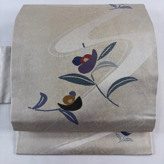 【美品】名古屋帶 秀品級 草花紋紋 流水 金糸 金金箔 灰茶 純蠶絲