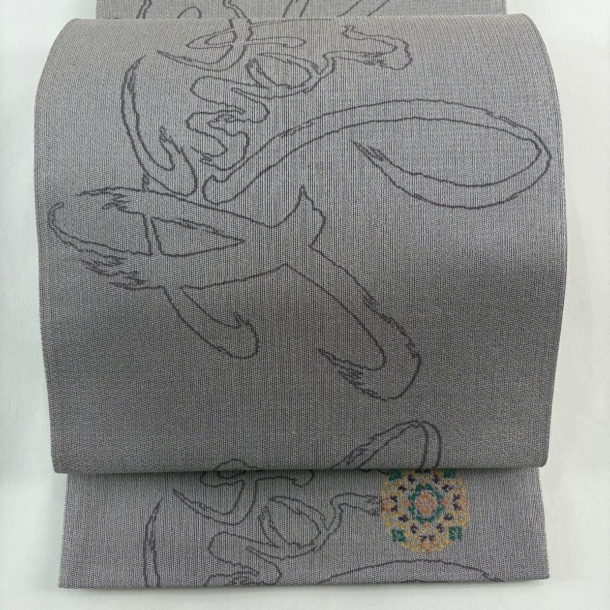 【美品】 袋帶 秀品級 幾何學 金金箔 灰紫 六通 純蠶絲