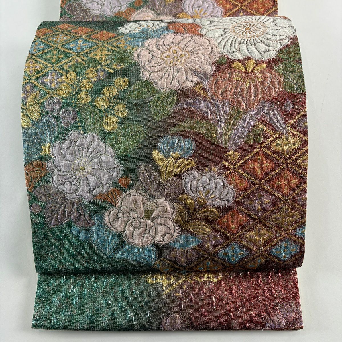 【美品】 袋帶 秀品級 草花紋紋 菱形 金絲 金金箔 紅 六通 純蠶絲