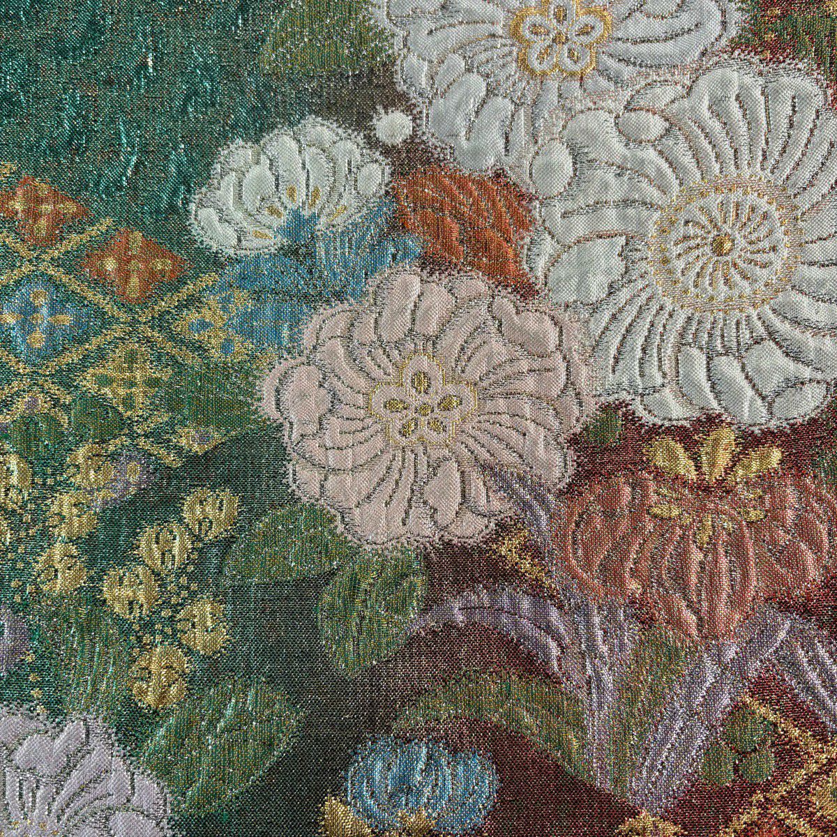 【美品】 袋帶 秀品級 草花紋紋 菱形 金絲 金金箔 紅 六通 純蠶絲