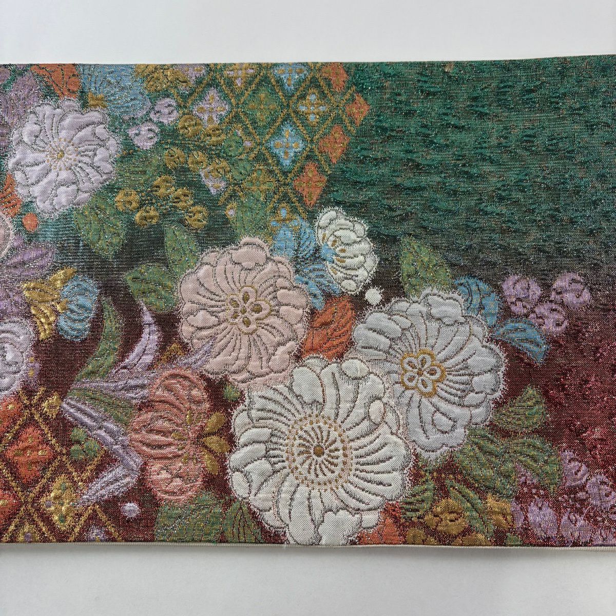 【美品】 袋帶 秀品級 草花紋紋 菱形 金絲 金金箔 紅 六通 純蠶絲