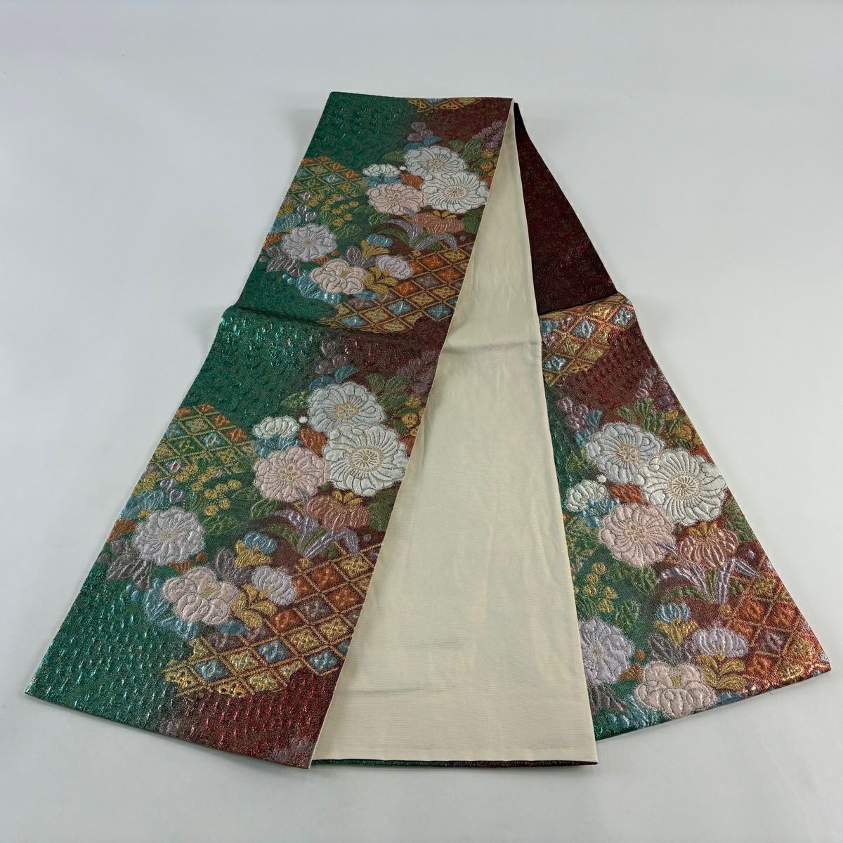 【美品】 袋帶 秀品級 草花紋紋 菱形 金絲 金金箔 紅 六通 純蠶絲