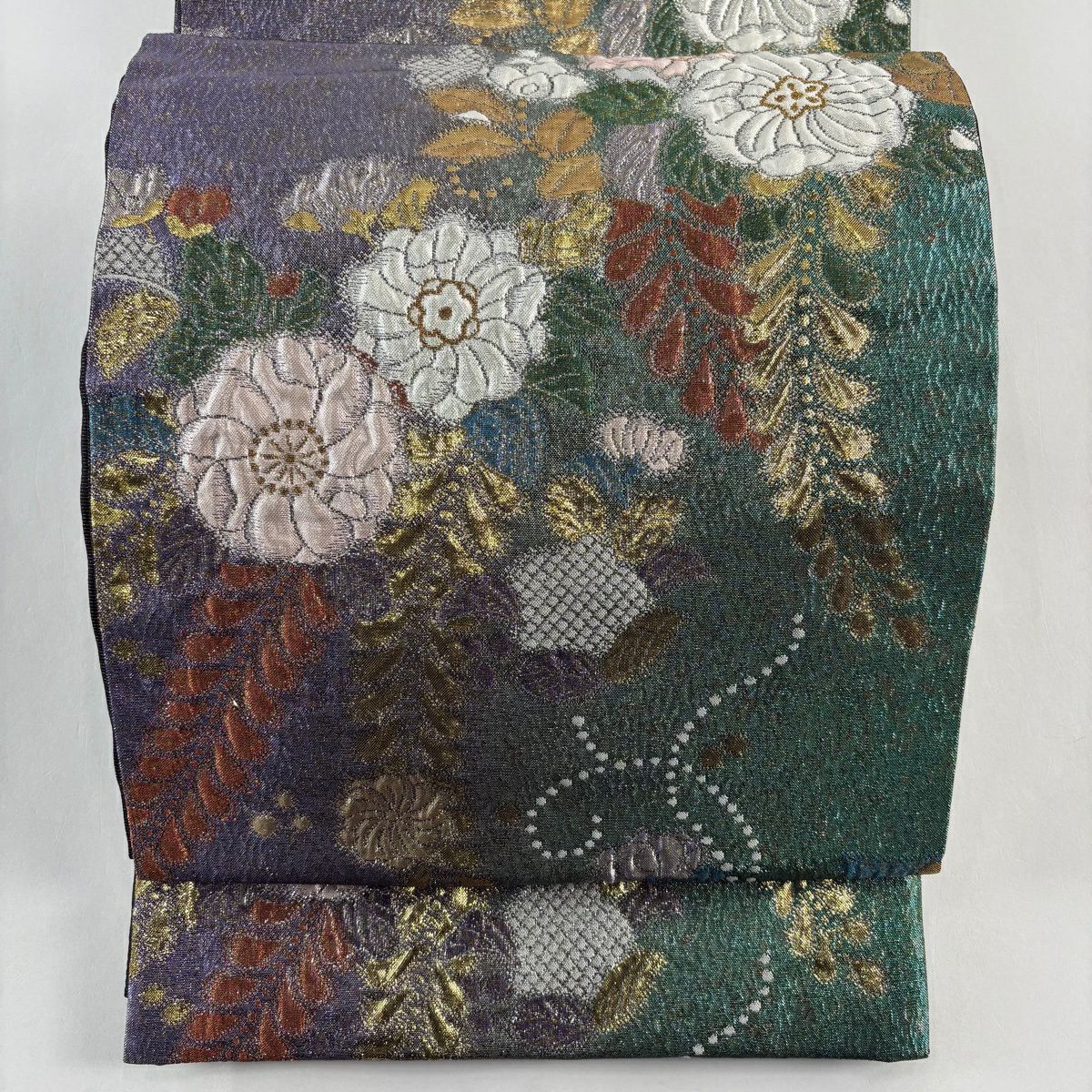 【美品】 袋帶 秀品級 辻花染圖案 金絲 金金箔 綠色 六通 純蠶絲