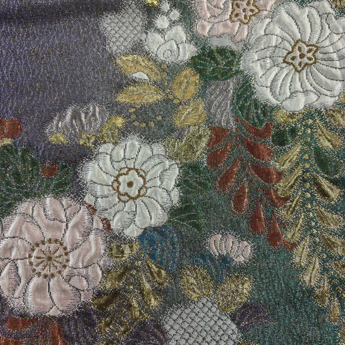 【美品】 袋帶 秀品級 辻花染圖案 金絲 金金箔 綠色 六通 純蠶絲