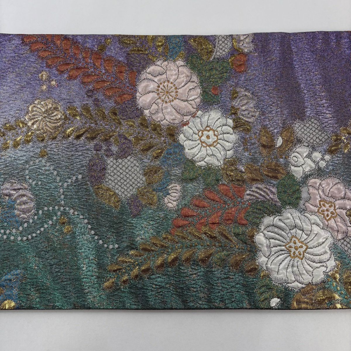【美品】 袋帶 秀品級 辻花染圖案 金絲 金金箔 綠色 六通 純蠶絲