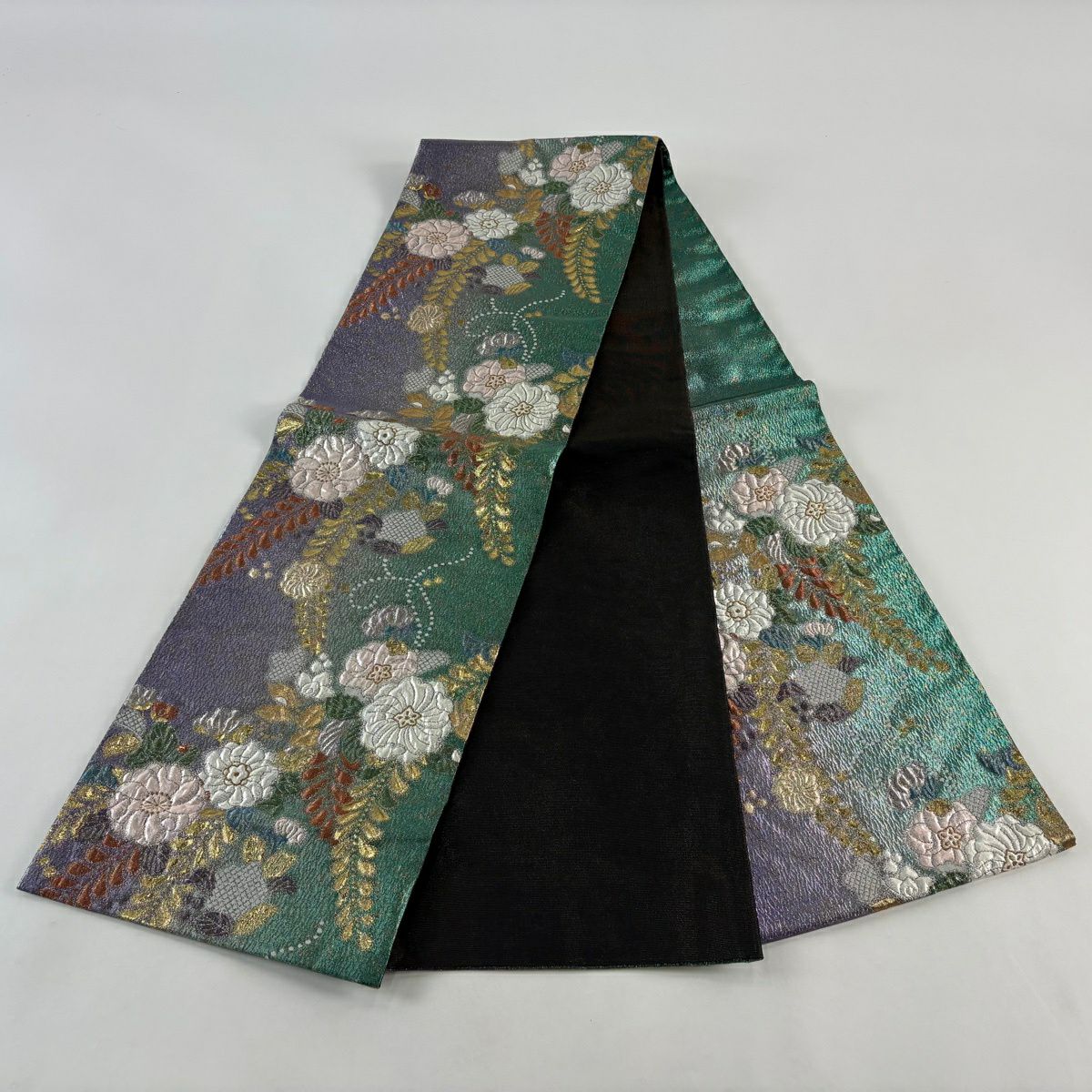 【美品】 袋帶 秀品級 辻花染圖案 金絲 金金箔 綠色 六通 純蠶絲