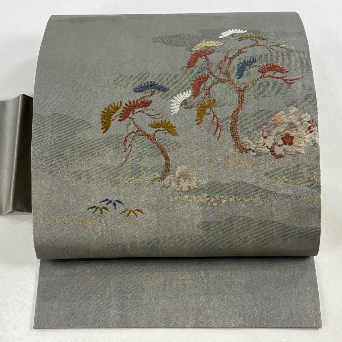 【美品】 名古屋帶 秀品級 松樹竹子梅花 岩 金絲 金金箔 灰綠 純蠶絲