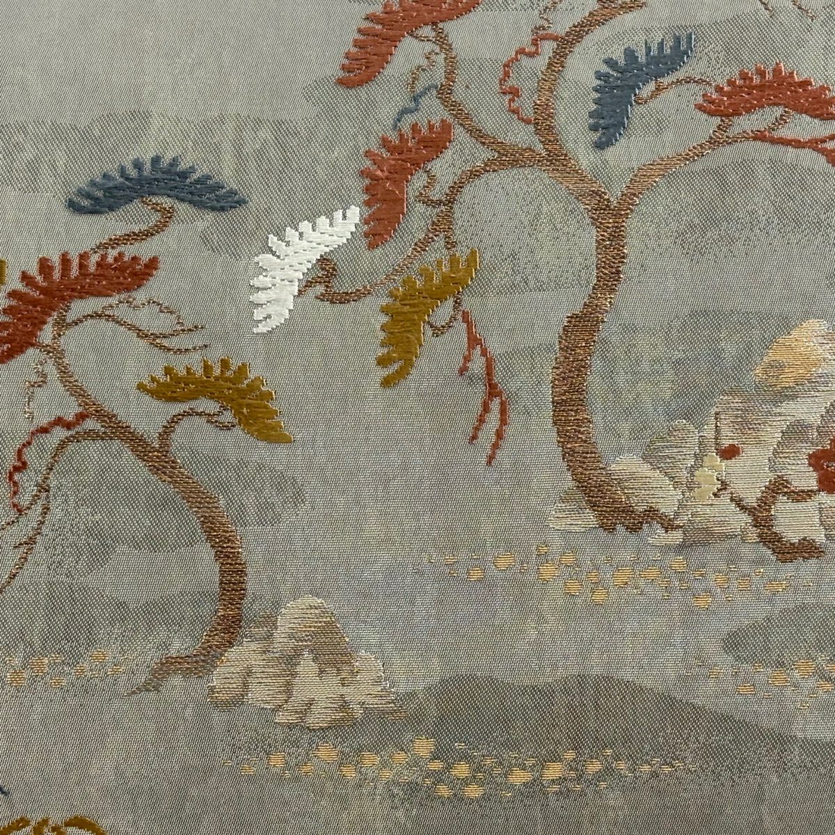 【美品】 名古屋帶 秀品級 松樹竹子梅花 岩 金絲 金金箔 灰綠 純蠶絲