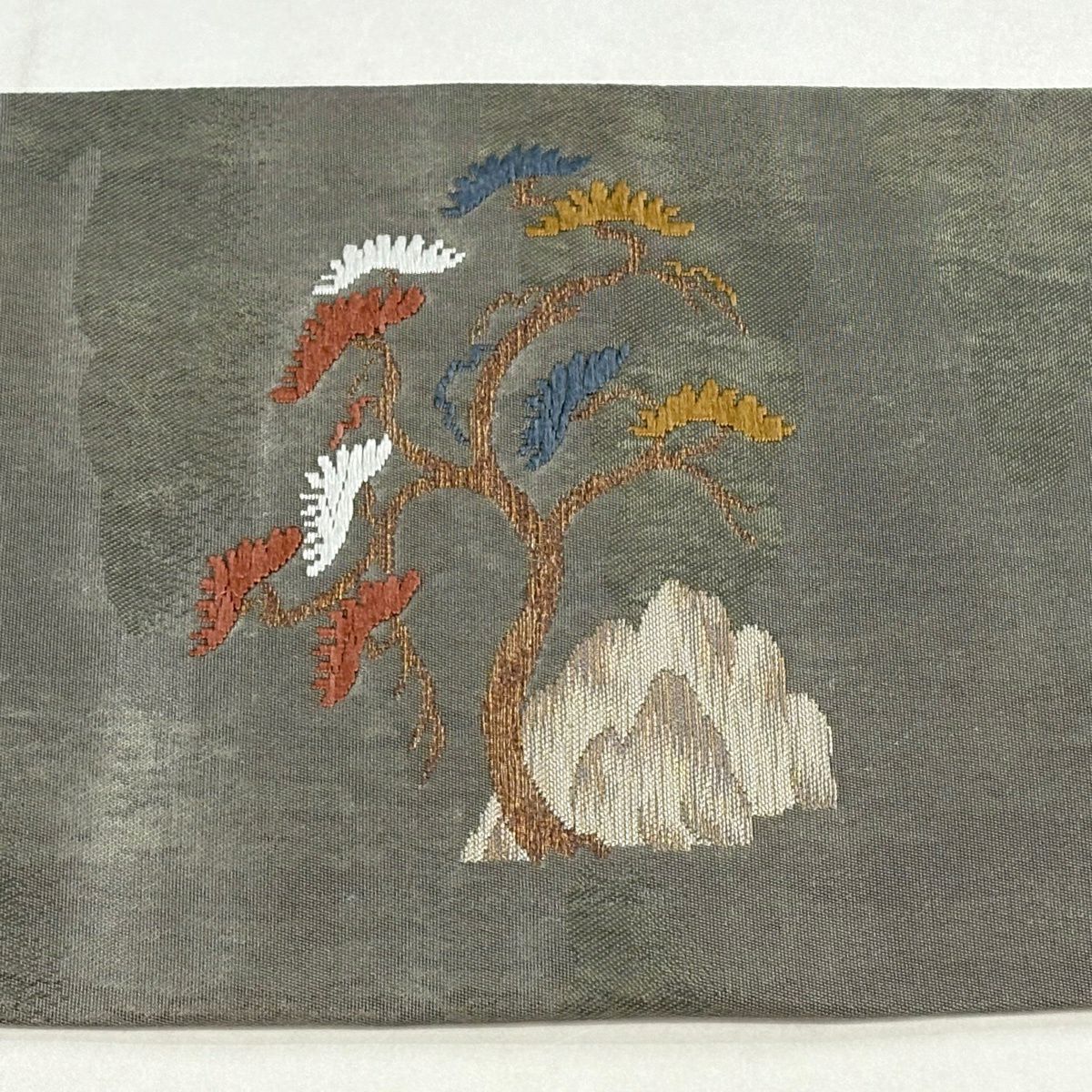 【美品】 名古屋帶 秀品級 松樹竹子梅花 岩 金絲 金金箔 灰綠 純蠶絲