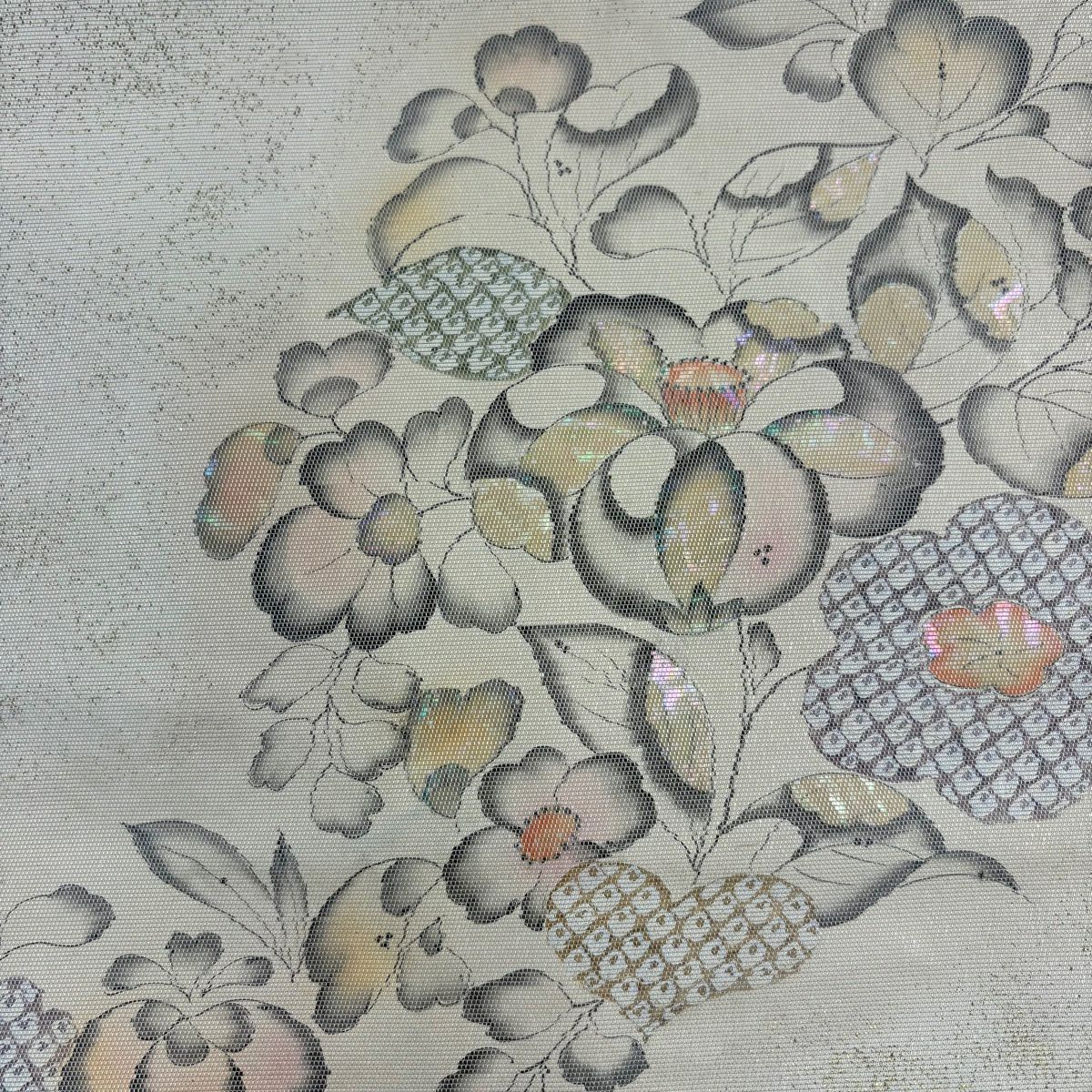 名古屋帶 秀品級 草花紋紋 螺鈿 金銀彩 米色 純蠶絲