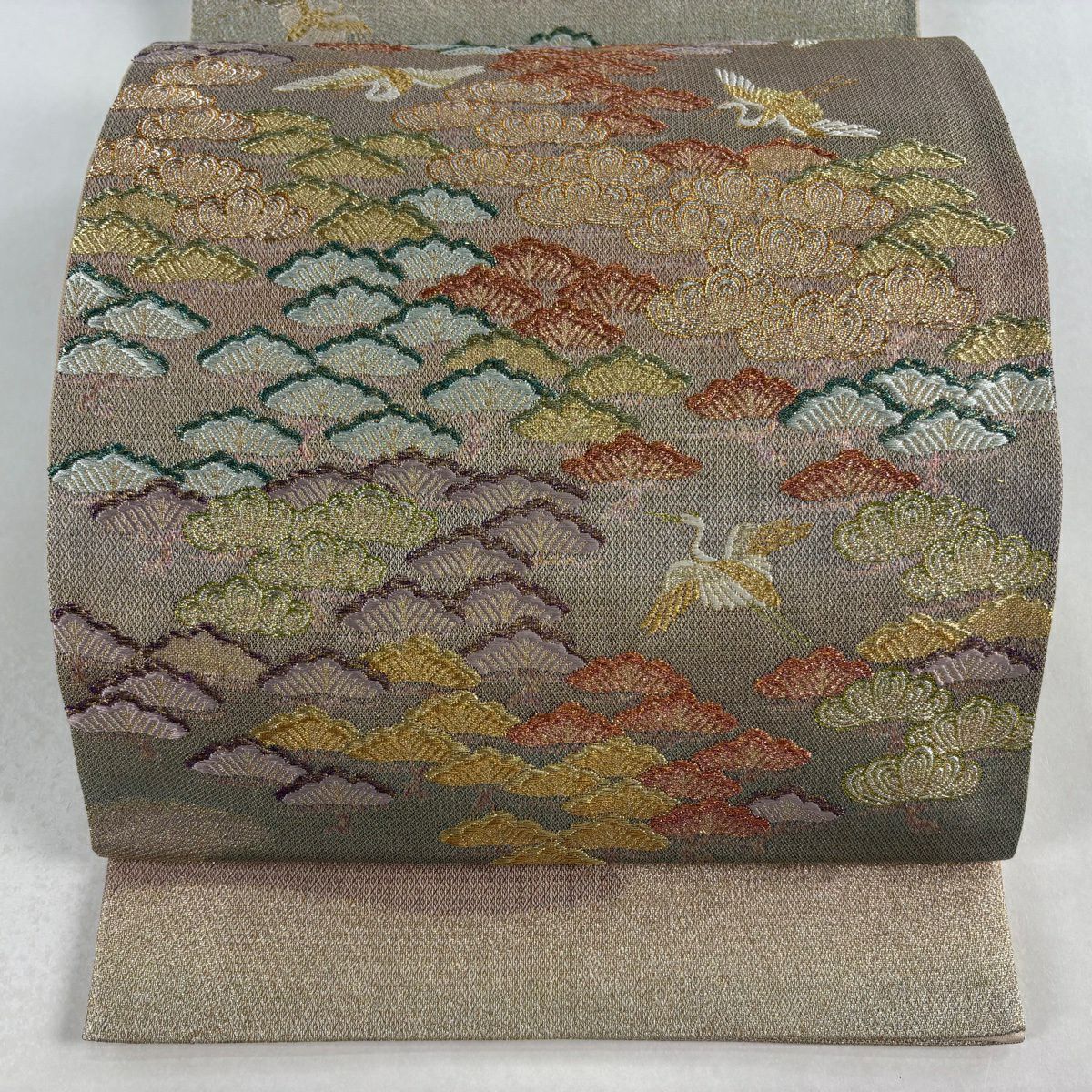 【美品】 袋帶 秀品級 仙鶴 笠松樹 金銀彩 唐織 薄茶 六通 純蠶絲