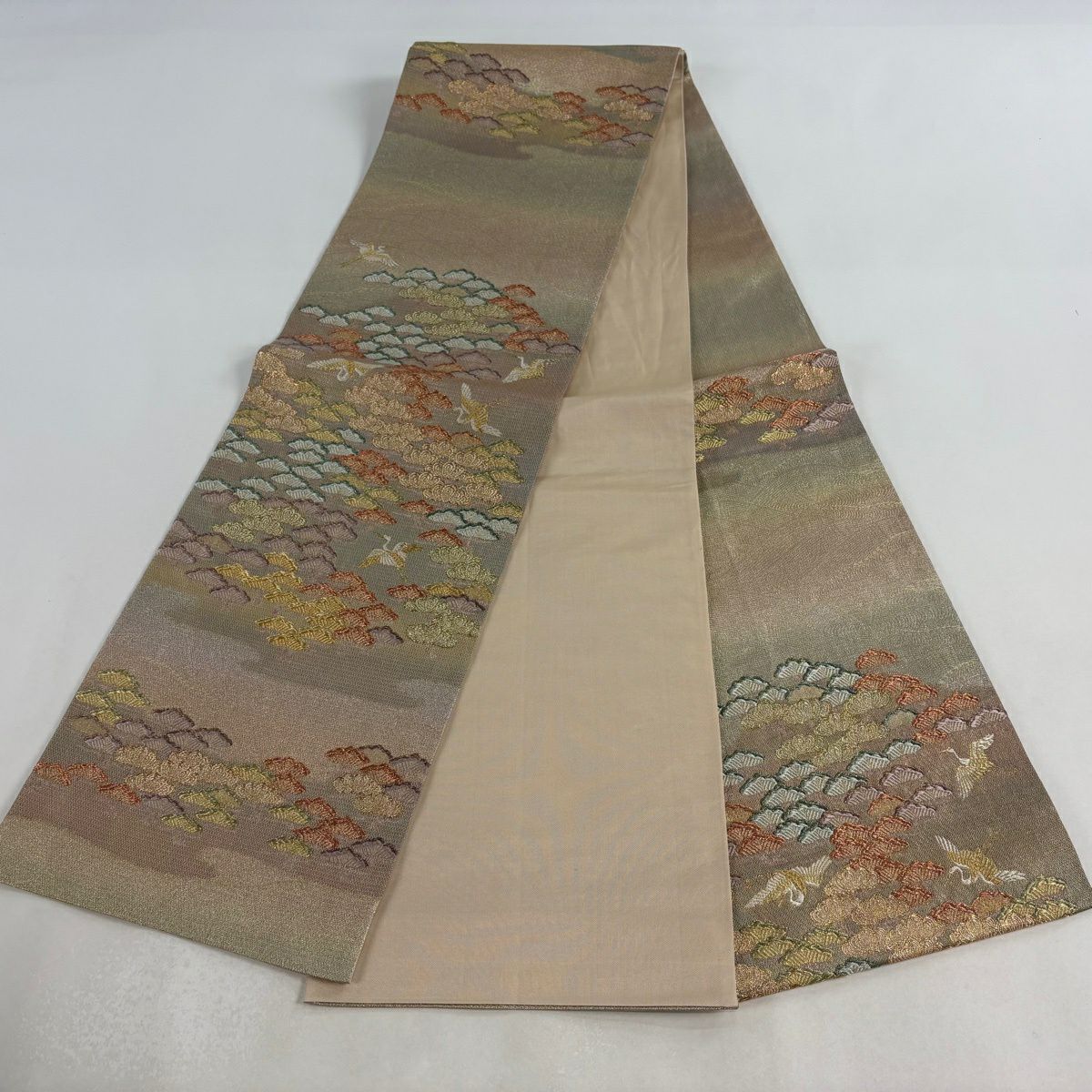【美品】 袋帶 秀品級 仙鶴 笠松樹 金銀彩 唐織 薄茶 六通 純蠶絲