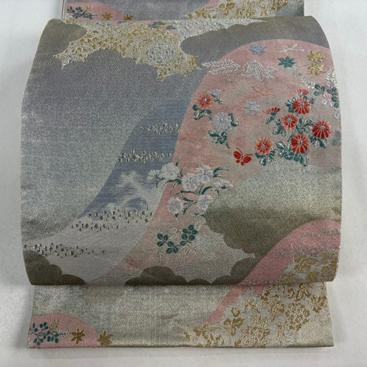 袋帶 秀品級 菊花 鳥 唐織 金金箔 灰色 六通 純蠶絲