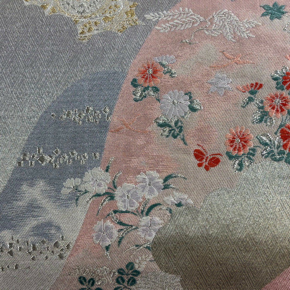 袋帶 秀品級 菊花 鳥 唐織 金金箔 灰色 六通 純蠶絲