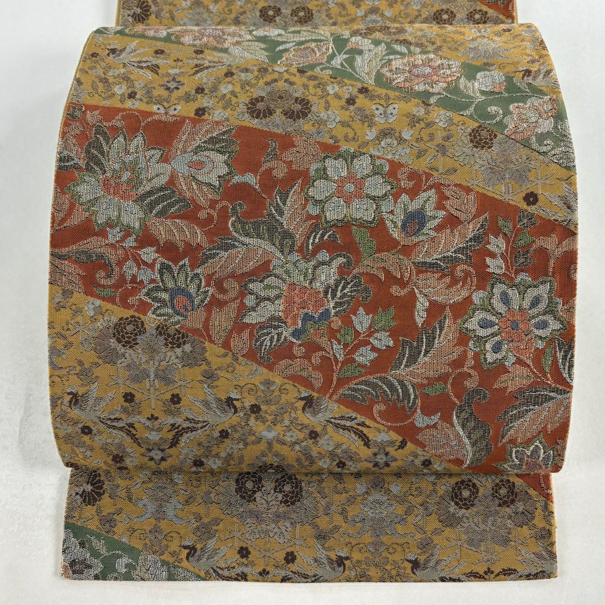 【美品】 袋帶 秀品級 花鳥 蝶 金絲 山吹茶 六通 純蠶絲