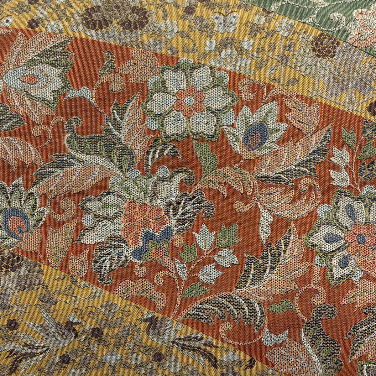 【美品】 袋帶 秀品級 花鳥 蝶 金絲 山吹茶 六通 純蠶絲