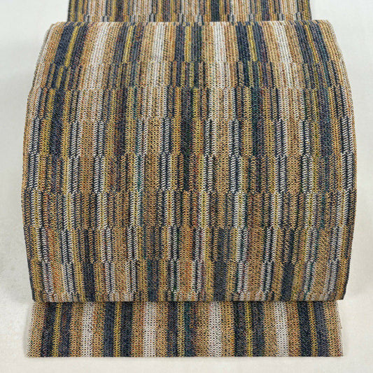 【美品】名古屋帶 秀品級 八寸名古屋帶 縞 幾何圖案 金線 茶 純蠶絲