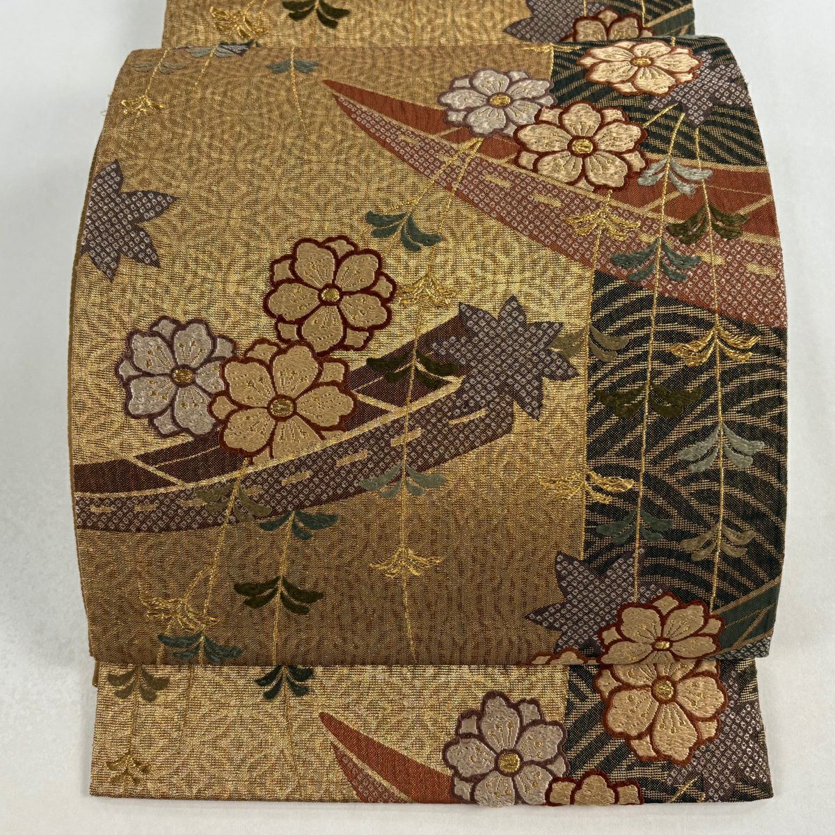 袋帶 秀品級 舟 花 唐織 金金箔 金色 六通 純蠶絲