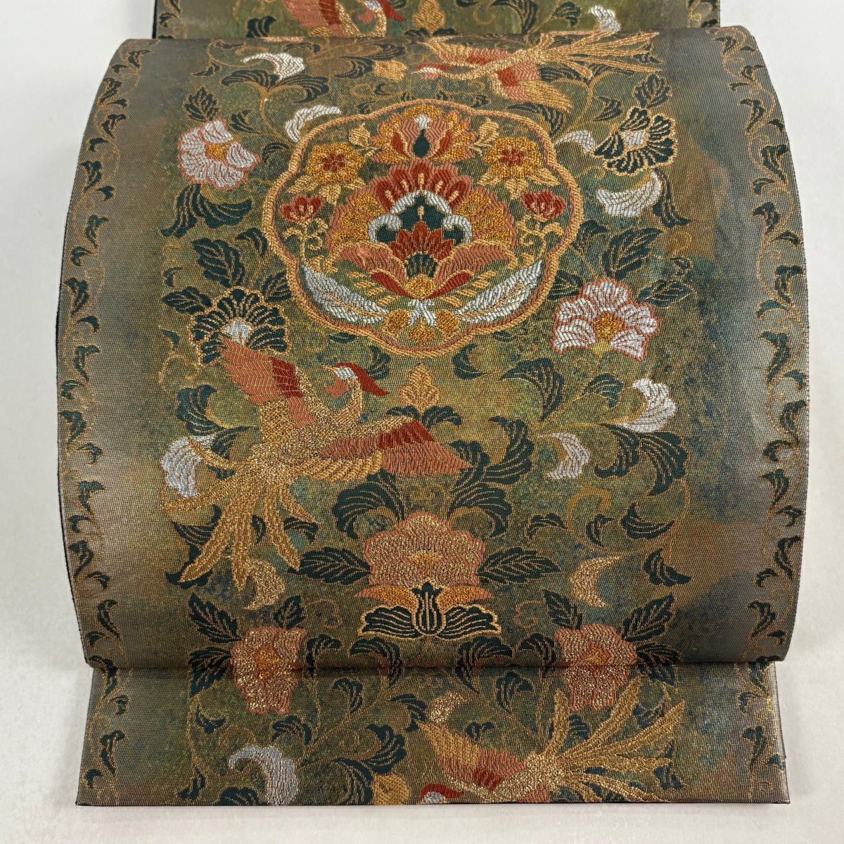【美品】 袋帶 秀品級 献上華鳥紋 綠 六通 純蠶絲