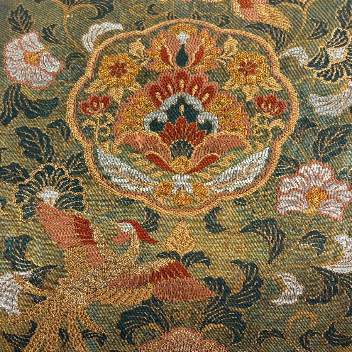 【美品】 袋帶 秀品級 献上華鳥紋 綠 六通 純蠶絲