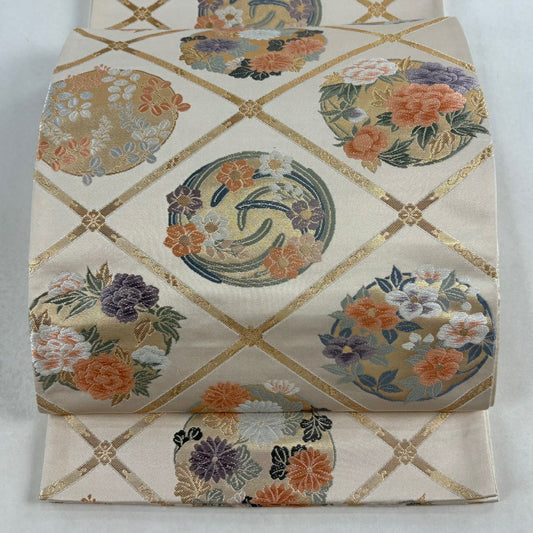 袋帶 秀品級 花丸紋 斜格子 唐織 金金箔 奶油 六通 純蠶絲