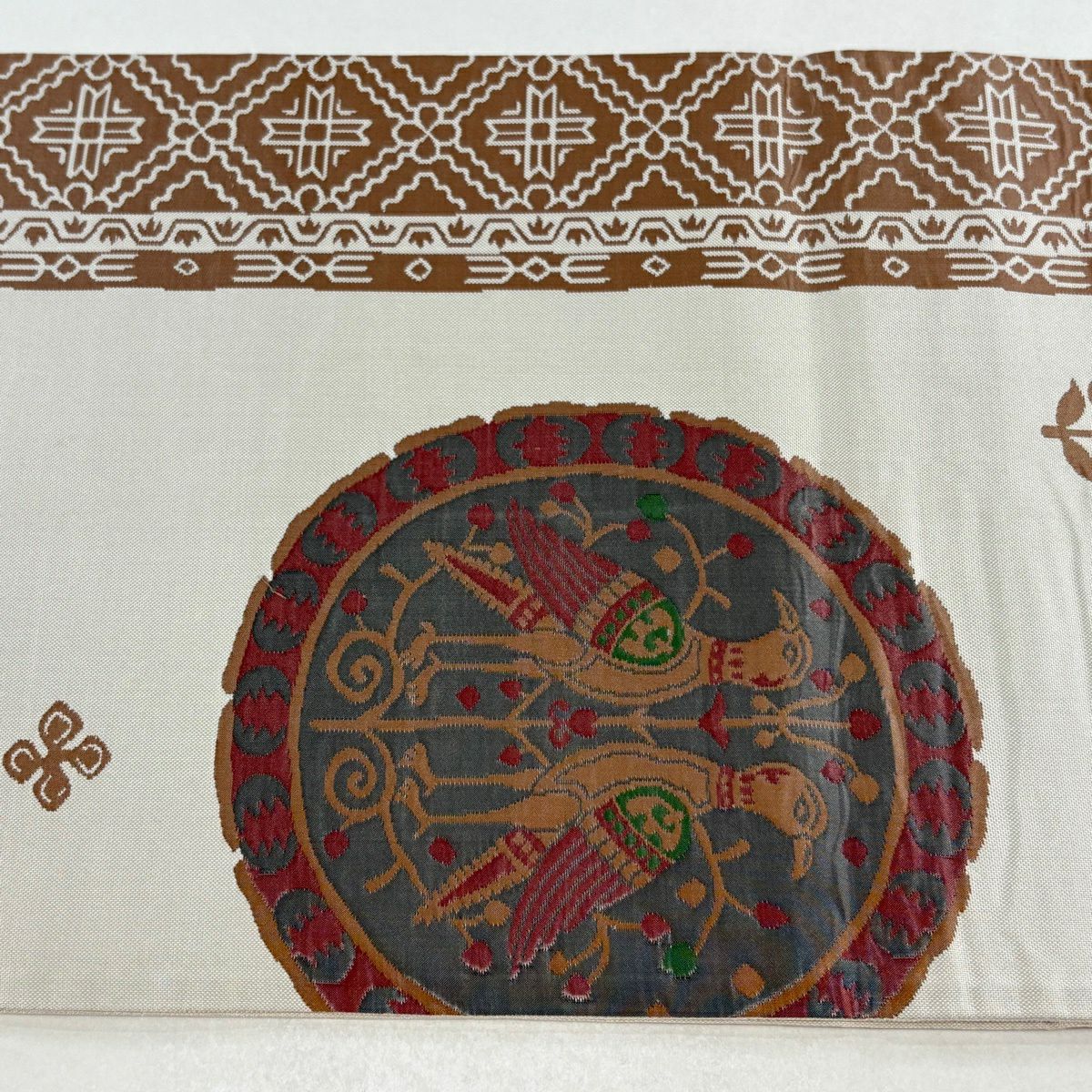 【美品】 袋帶 秀品級 紬織織 鳥 幾何學圖案 灰白 六通 純蠶絲