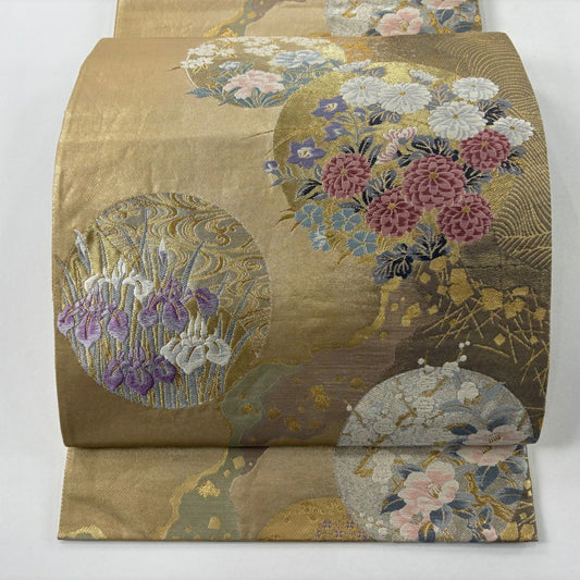 袋帶 秀品級 じゅらく 落款 草花紋 金金箔散佈 金銀線 金色 六通 純蠶絲