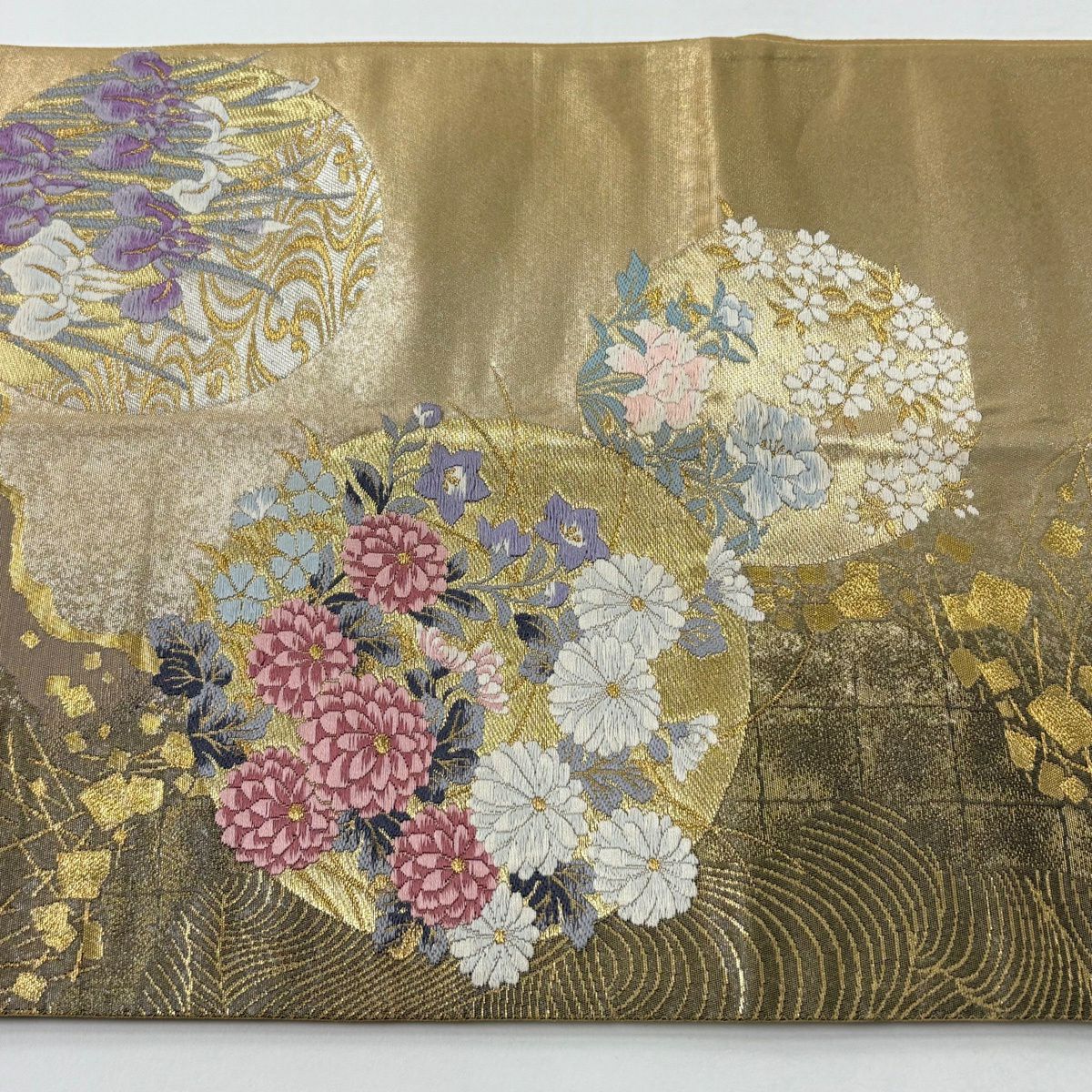 袋帶 秀品級 じゅらく 落款 草花紋 金金箔散佈 金銀線 金色 六通 純蠶絲
