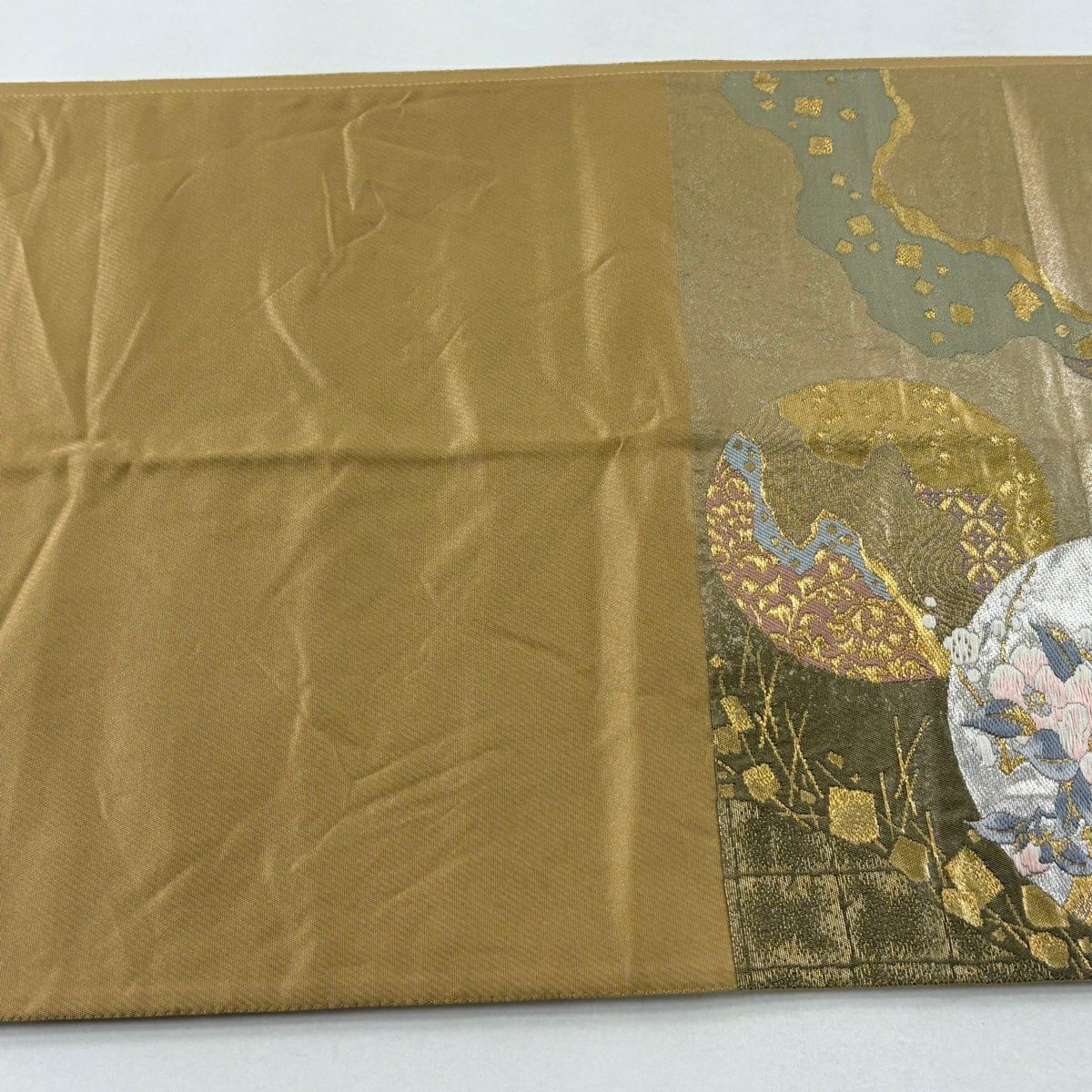 袋帶 秀品級 じゅらく 落款 草花紋 金金箔散佈 金銀線 金色 六通 純蠶絲