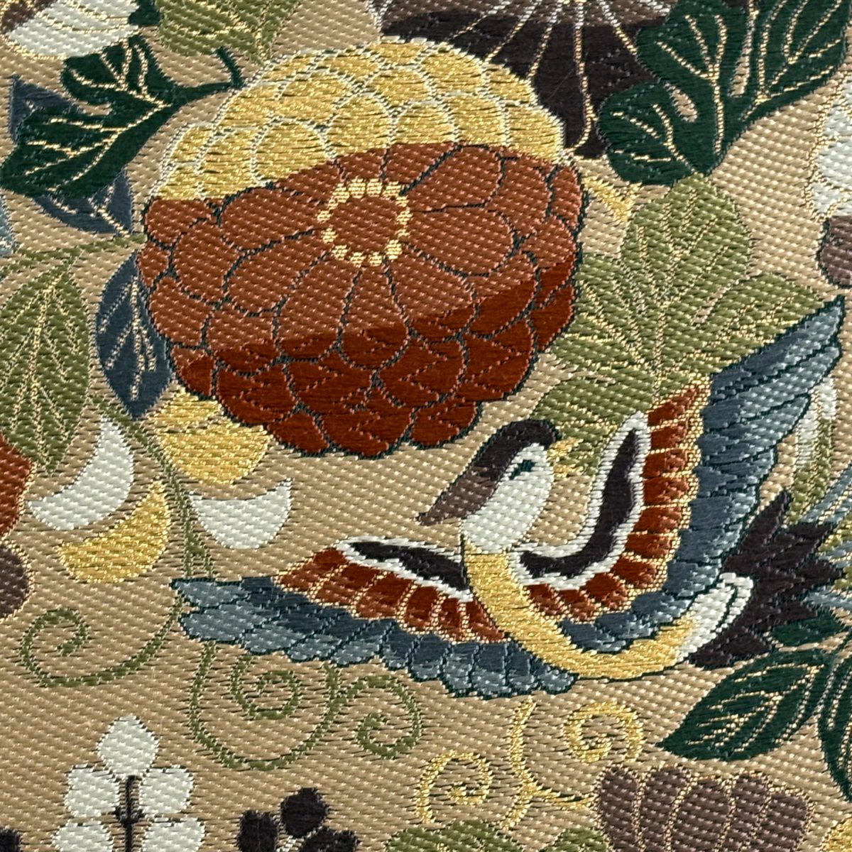【美品】 袋帶 秀品級 草花紋紋 鳥 刺繡 金金箔 淺茶 六通 純蠶絲